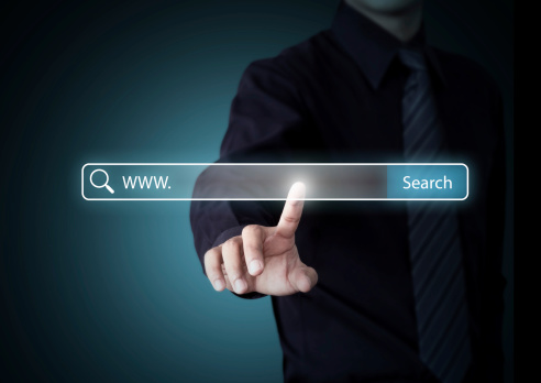 Business hand pressing Search button, Internet technology concept