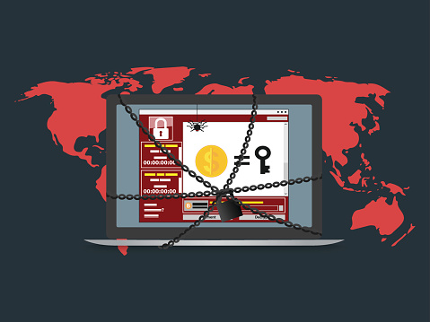 Cyber attack malware wannacry ransowmare virus encrypted files and lock computer. vector illustration concept.
