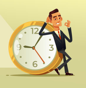 Happy calm businessman office worker character sitting on big clock a showing ok sigh. Stop time clock organization concept