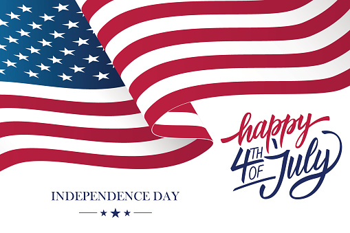 Happy 4th of July USA Independence Day greeting card with waving american national flag and hand lettering text design.