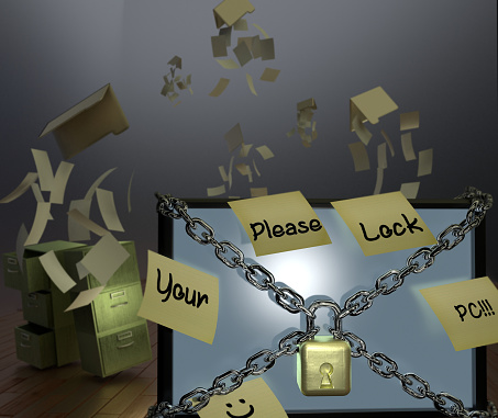 This image was created in 2016 and used 3D rendering software. The chained and locked monitor communicate the need for digital security. The loose papers and empty file cabinets emphasize the vulnerability of digital files and data.