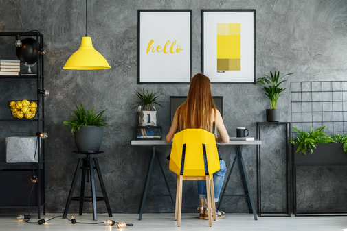 Posters mock-up interior with study space, desk, modern yellow chair